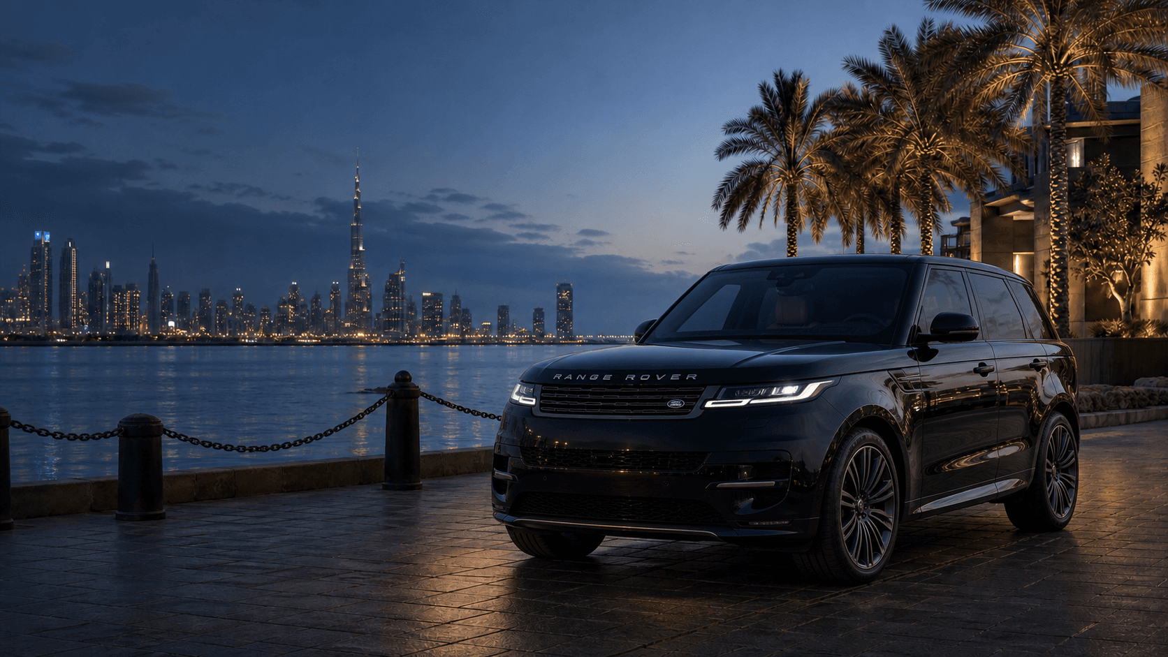 Black Range Rover parked by a Dubai waterfront at blue hour